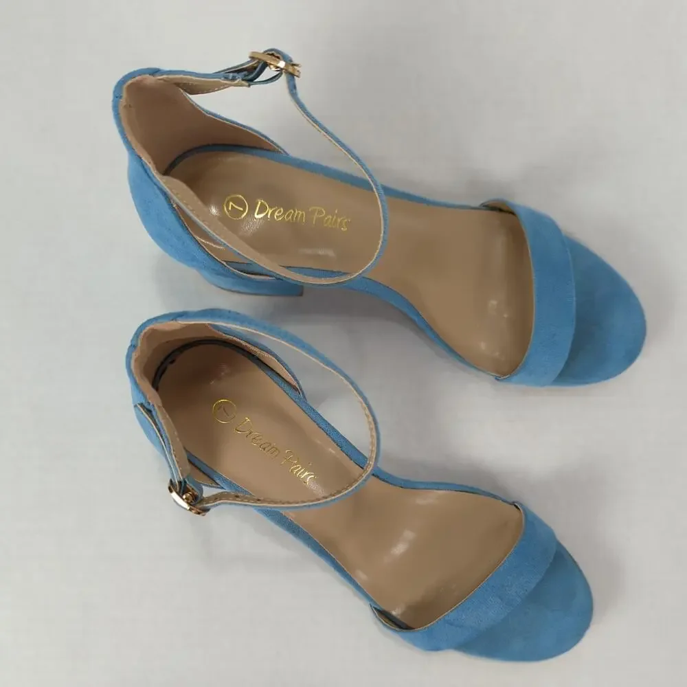 Dream Pairs Blue Strappy Block Heel Sandals Ankle Strap Buckle Open Toe Womens 7